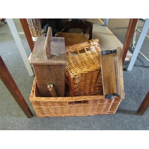 1420 - A wire music stand, two wicker baskets etc.