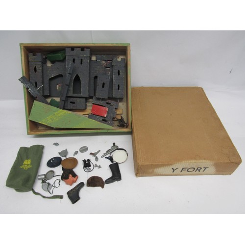 7215 - A boxed wooden Fort and a Palitoy Action Man Special Operations kits bag containing weapons, accesso... 