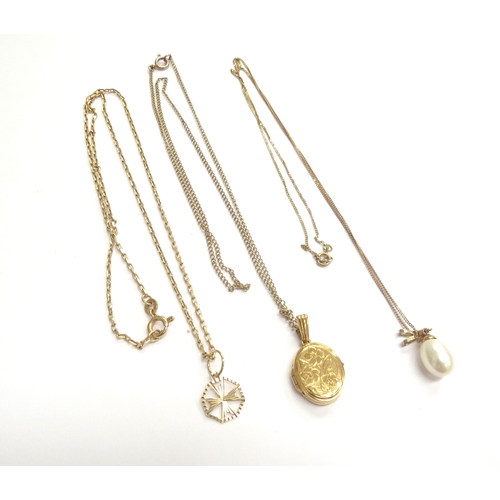 9115 - An 18ct gold pendant hung on 9ct gold chain, a pearl pendant on 9ct gold chain and a 9ct gold engrav... 