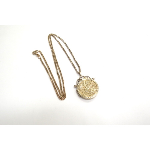 9063 - A 9ct gold St George locket hung on a 9ct gold chain, 46cm long, 6.6g