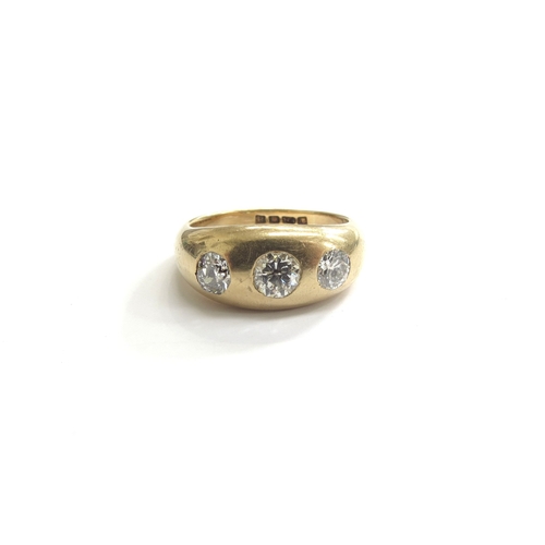 9159 - An 18ct gold three stone diamond gypsy ring, 1ct total approx. Size S/T, 11.2g