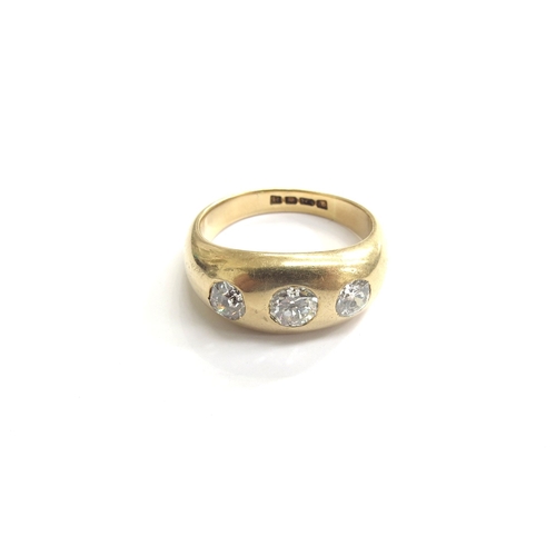 9159 - An 18ct gold three stone diamond gypsy ring, 1ct total approx. Size S/T, 11.2g