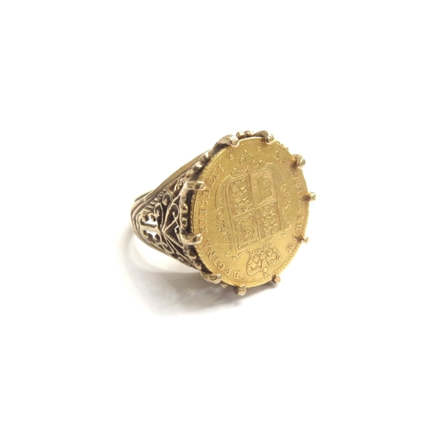 9171 - A 9ct gold ring mounted with an 1853 Victorian young head gold half sovereign. Size M, 9.8g