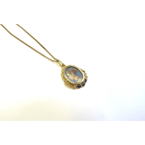 9160 - An 18ct gold pendant with portrait of a female hung on a 9ct gold chain 50cm long, 6.1g total