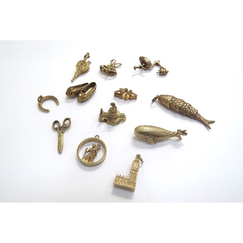 9398 - A collection of 9ct gold charms including whale, Big Ben, St Christopher, Ballet slippers, ballerina... 