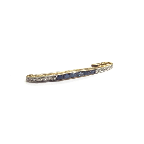 9179 - A sapphire and diamond bar brooch, six rectangular cut sapphires flanked by brilliant cut diamonds, ... 