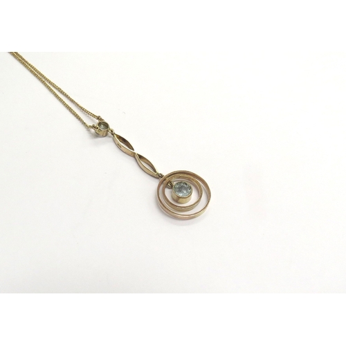 9229 - A circular drop pendant with aquamarine drop stamped 9ct hung on a 9ct gold chain, 42cm long, 4cm dr... 