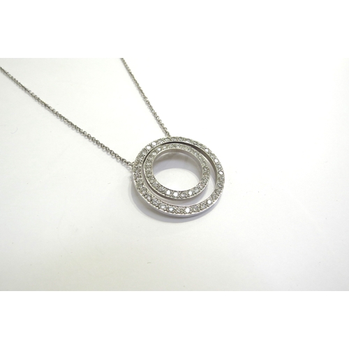 9195 - A double diamond hoop pendant stamped 18k, white gold, 3cm diameter hung on a white gold chain stamp... 