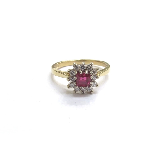 9456 - An 18ct gold ring, centre square cut ruby framed by diamonds, 8mm x 8mm. Size K/L, 2.6g        (E) £... 