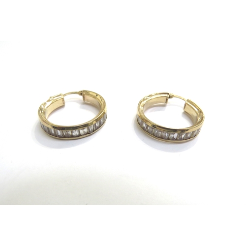 9194 - A pair of 9ct gold hoop earrings set with white stones, 6.6g total