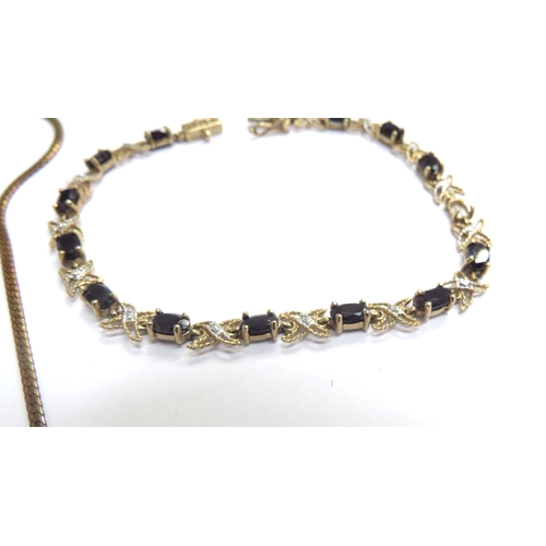 9459 - A 9ct gold sapphire and diamond chip bracelet, 17.5cm long and a 9ct gold necklace with sapphire and... 