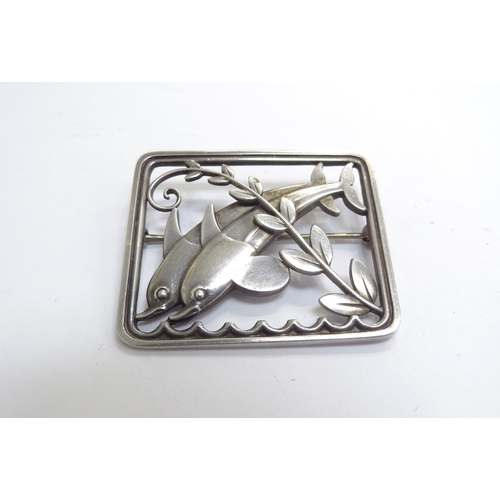 9429 - A Georg Jensen Sterling Silver Dolphin Brooch designed by Arno Malinowski #251, 11.7g