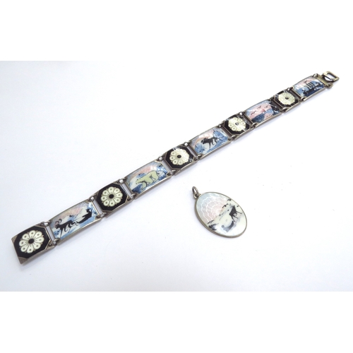 9434 - A David Andersen enamel artic scene panel bracelet, DAVID ANDERSEN NORWAY-STERLING to back, 19cm lon... 