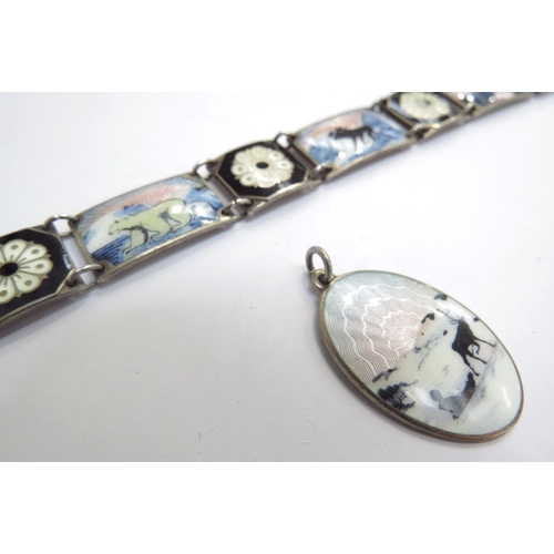 9434 - A David Andersen enamel artic scene panel bracelet, DAVID ANDERSEN NORWAY-STERLING to back, 19cm lon... 