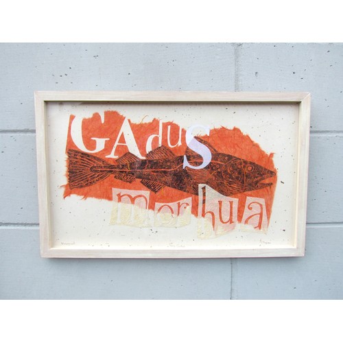 7526 - TRACY MYERS (b.1960) A framed and glazed monotype and collage print on handmade papers, 'Fiery Gadus... 