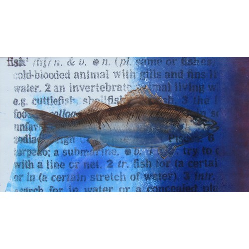 7528 - GARY MARTIN (b.1950) A framed and glazed handmade collagraph, 'Fish'. Unsigned work bought directly ... 