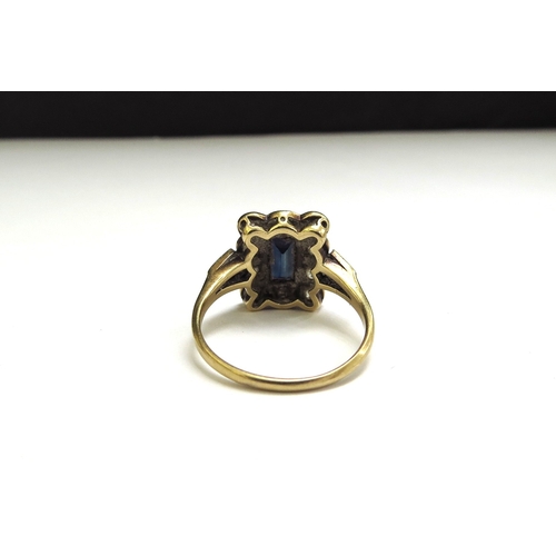 9441 - An 18ct/plat set Art Deco sapphire and diamond ring, the rectangular sapphire 7mm x 4mm framed by 10... 