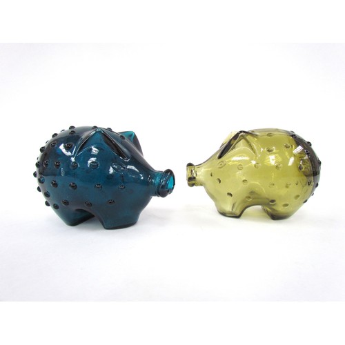 7229 - Two Holmegaard glass pig money boxes designed by Jacob Bang 1950's, 8cm high x 13cm