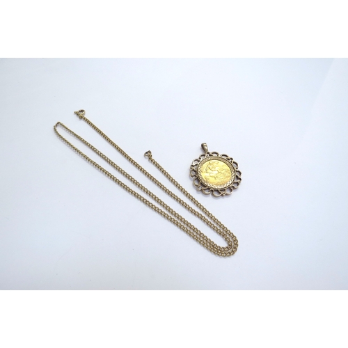 9249 - A 1911 gold half sovereign in 9ct gold pendant mount hung on 9ct gold chain, 46cm long, 12.4g total