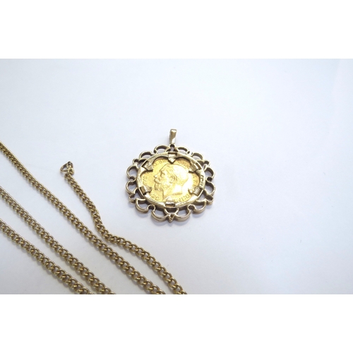 9249 - A 1911 gold half sovereign in 9ct gold pendant mount hung on 9ct gold chain, 46cm long, 12.4g total