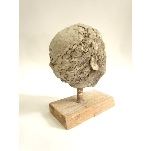 7553 - A ceramic hand worked studio sculpture of a mans head, set on a wooden plinth base. 31cm high