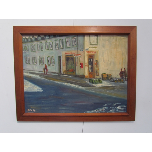 7534 - An oil on board depicting a corner shop in Denmark. Signed 'Alex' bottom left and dated '76. Image s... 