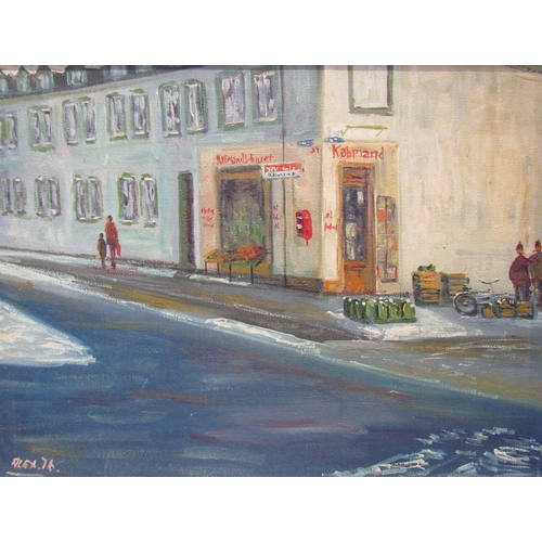 7534 - An oil on board depicting a corner shop in Denmark. Signed 'Alex' bottom left and dated '76. Image s... 