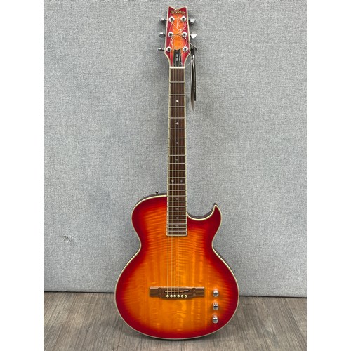 5116 - A Washburn SBF-80 solid body electro acoustic guitar, sunburst figured body