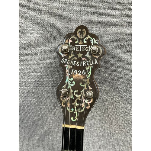 5170 - A Gretsch Orchestrella four string banjo, mother of pearl scrolled inlay to headstock with ‘GRETSCH ... 