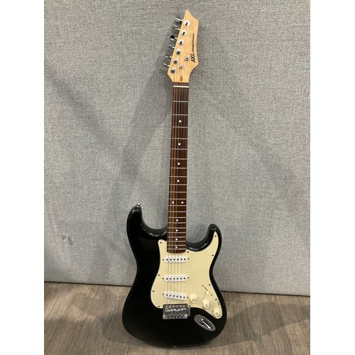 5103 - An AXL Player Deluxe Stratocaster style electric guitar, black body, cream guard, fitted case