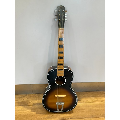 5226 - A 1950's/60's unbranded acoustic guitar, sunburst body with white banding, maple fretboard, numbered... 