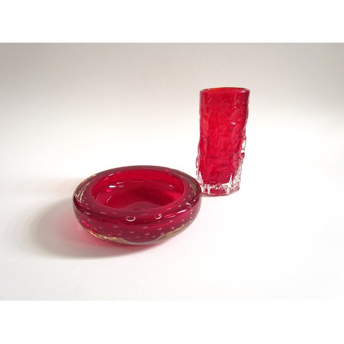 7190 - A Whitefriars cylindrical Bark textured vase in Ruby, 15cm high and a ruby dish, 15cm diameter     (... 