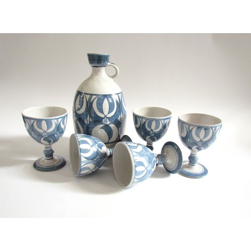 7133 - An Aldermaston Pottery wine carafe together with five goblets (chip to carafe), tallest 25cm    (R £... 