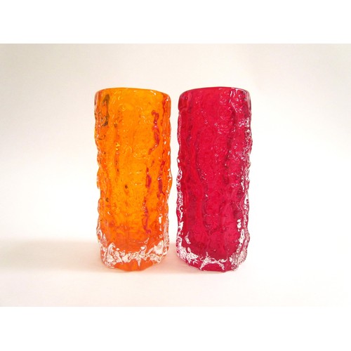 7188 - Two Whitefriars cylindrical bark vases in Ruby and Tangerine, designed by Geoffrey Baxter, 19cm high