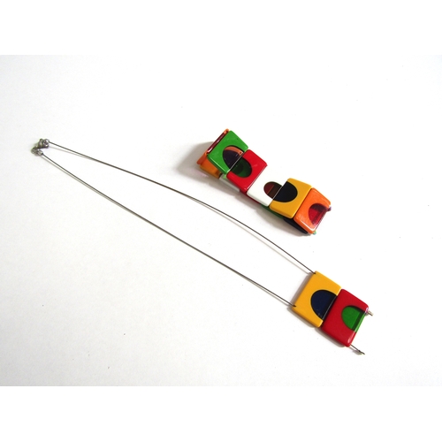 7257 - An acrylic pop art multi coloured panel bracelet and matching necklace