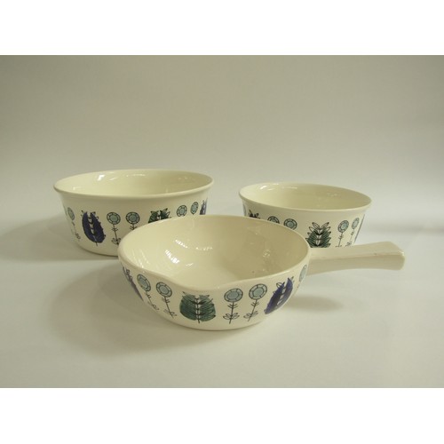 7036 - Three Norwegian Egersund ceramic bowls with blue foliate detail.  Largest 22cm x 8.5cm high