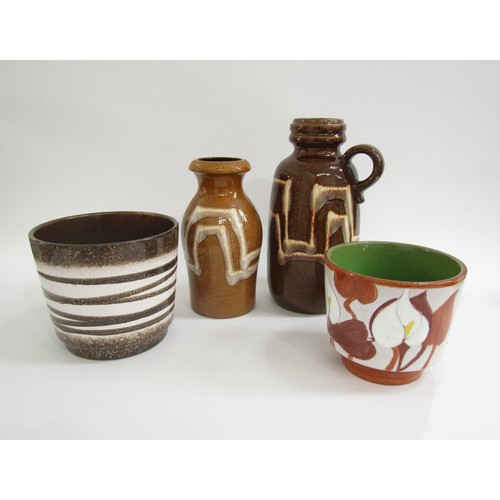 7038 - Two West German vases by Scheurich in tan, brown and cream colours, similar planter and a floral pla... 