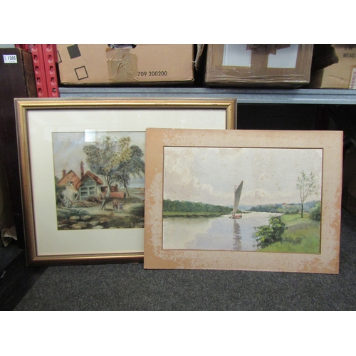 1231 - A naive watercolour of figures by river, possibly by A.M. Hind (details verso), gilt framed and glaz... 