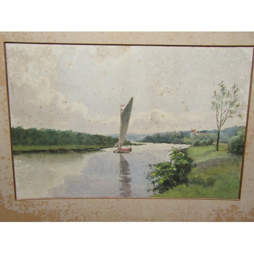 1231 - A naive watercolour of figures by river, possibly by A.M. Hind (details verso), gilt framed and glaz... 
