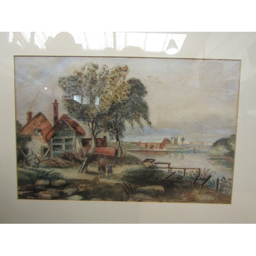 1231 - A naive watercolour of figures by river, possibly by A.M. Hind (details verso), gilt framed and glaz... 