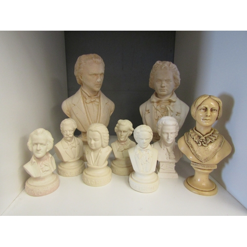 1234 - Nine composer/writers busts, mostly resin, one a/f, largest 22cm tall    (D)