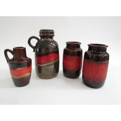 7039 - Four West German Scheurich Pottery vases, brown glaze with red lava band.  Tallest 20cm