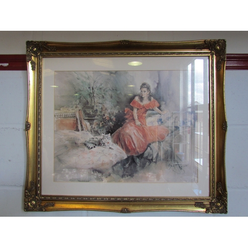 1019 - GORDON KING: A print of a girl and her cat, gilt framed and glazed, 40cm x 51cm image size   (E) £25... 