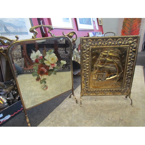 1043 - A box of mainly mixed brassware together with a repousse  brass fire screen depicting a ship and an ... 