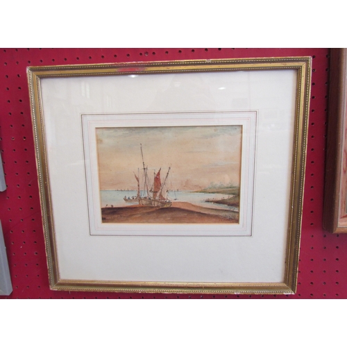 1050 - A 19th Century sepia watercolour of coastal scene with beached vessels, 14cm x 20cm, framed and glaz... 