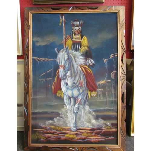 1060 - Painting on felt canvas depicting a Native American on horseback, signed on bottom right SANCHEZ, 90... 