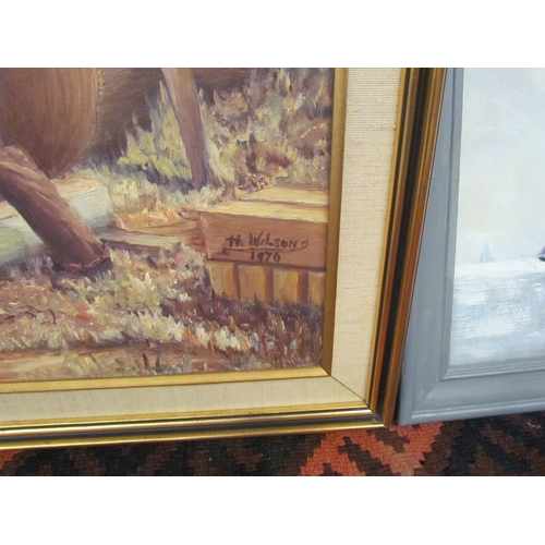 1077 - H. WILSON: 1976 oil on canvas of a lumber jack Australian together with L. SKIDMORE: oil on board of... 