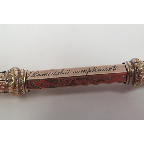 1281 - A sliding pen and pencil, with inscription 1885, agate shield top   (C)