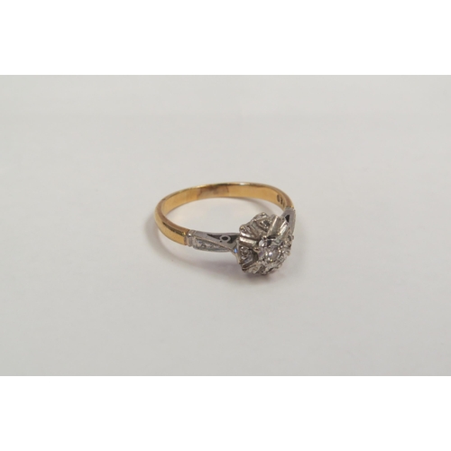 1286 - A gold ring with illusion set diamond, marks rubbed. Size O, 3.3g