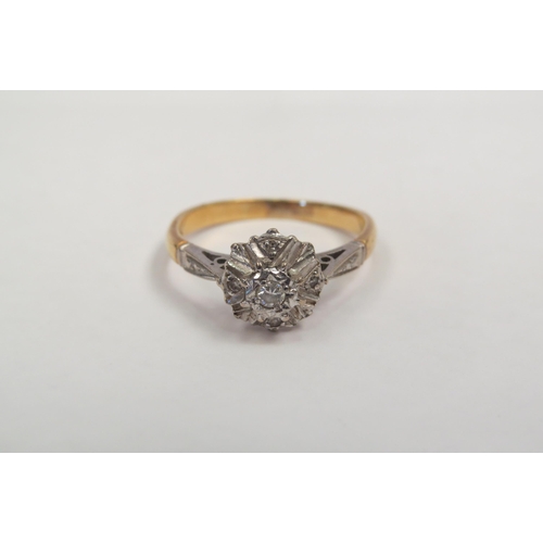 1286 - A gold ring with illusion set diamond, marks rubbed. Size O, 3.3g